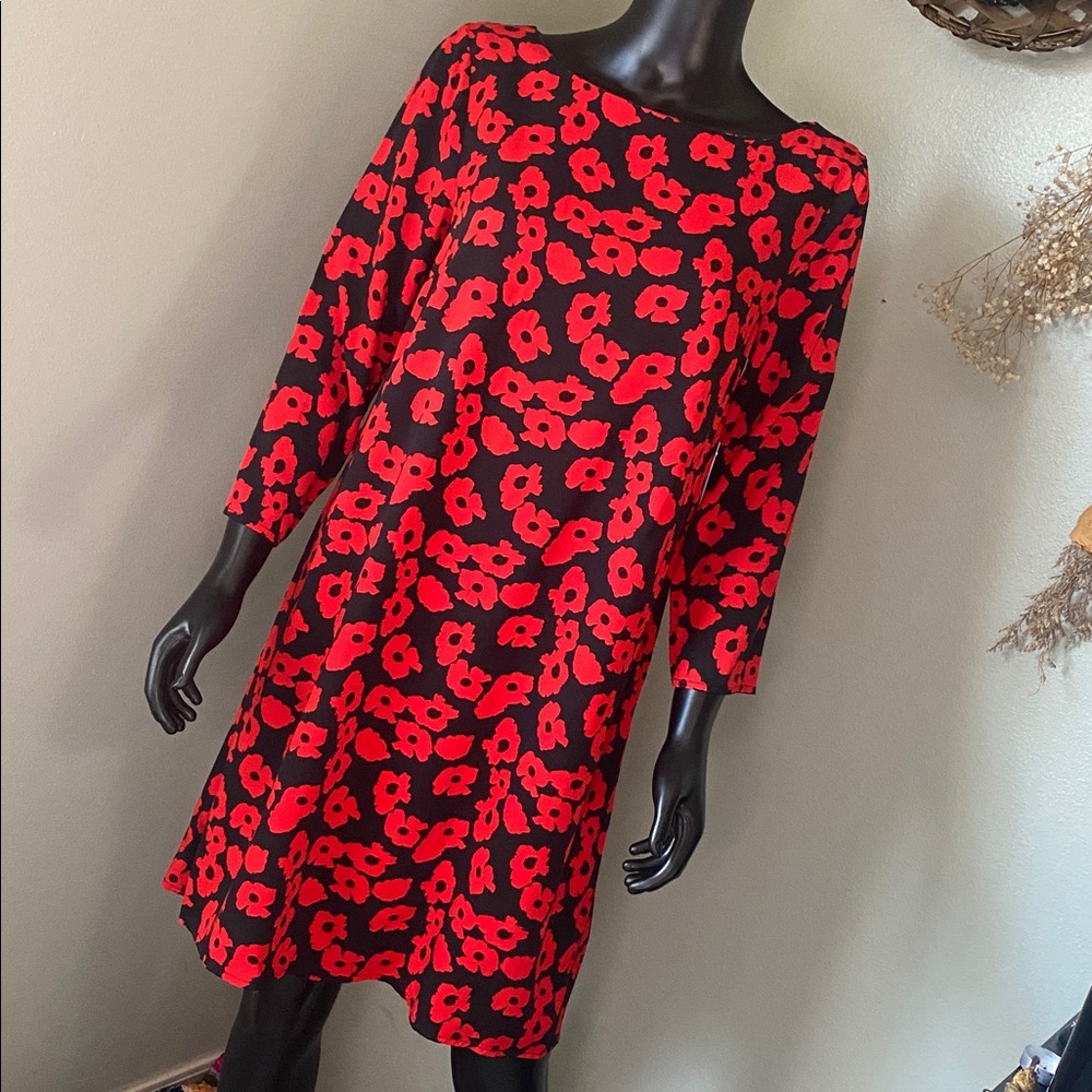JUSTFAB Black and Red Poppy Print Long Sleeve Dress